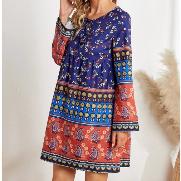 Tie Neck Floral Print Smock Dress - Picture 2 of 5